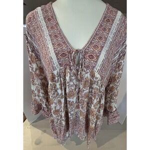 Free People Moonlight Dance Tunic Blouse Womens M Pink 3/4 Sleeve Boho